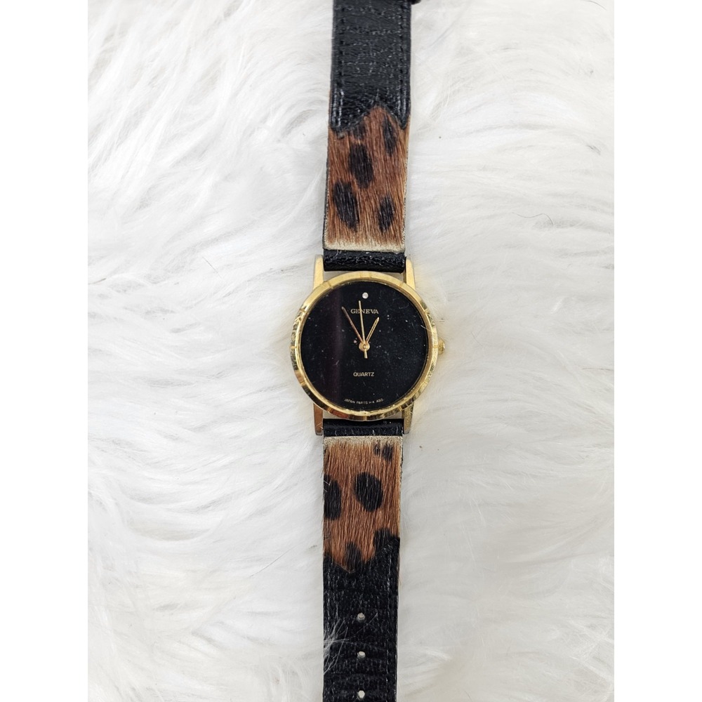 Vintage Geneva Black & Gold Watch, Textured Leather Buckle Band With Animal Hide